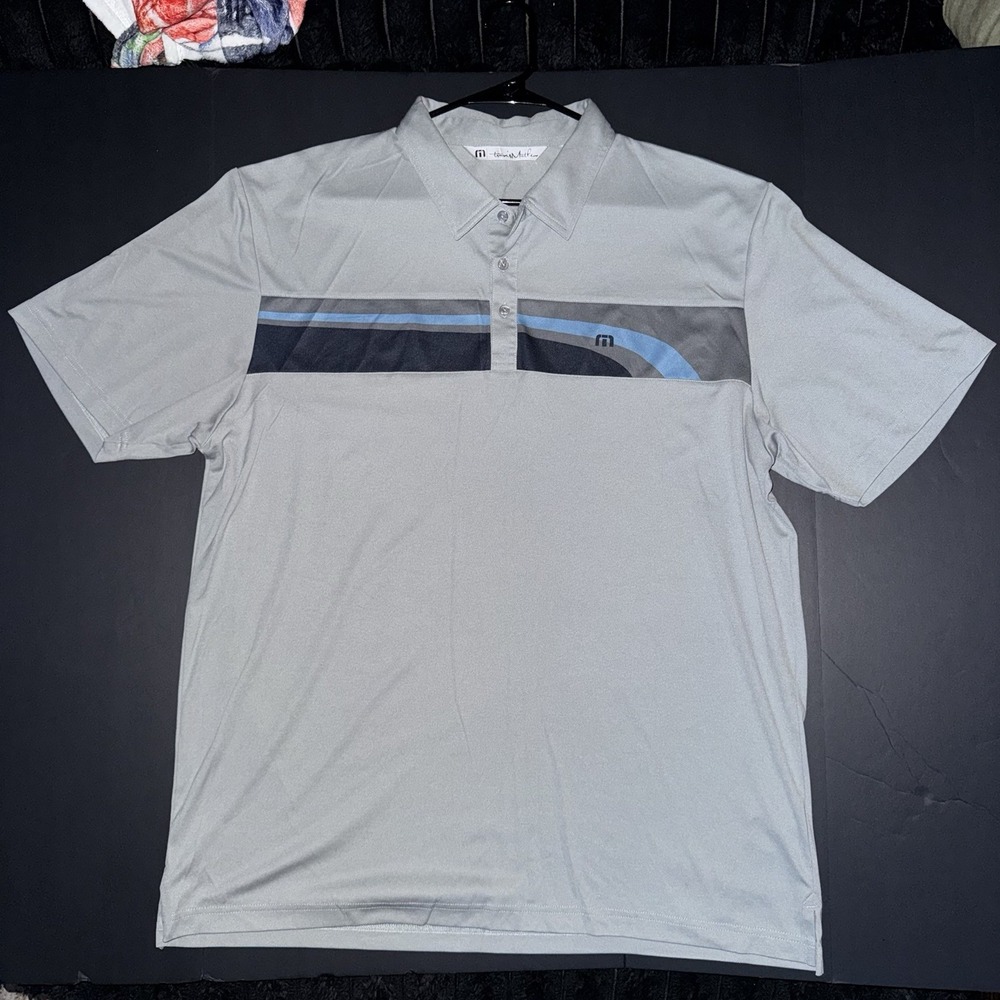 Men's XXL Travis Mathew Polo Shirt Gray Blue Black Colorblock Short Sleeve Logo
